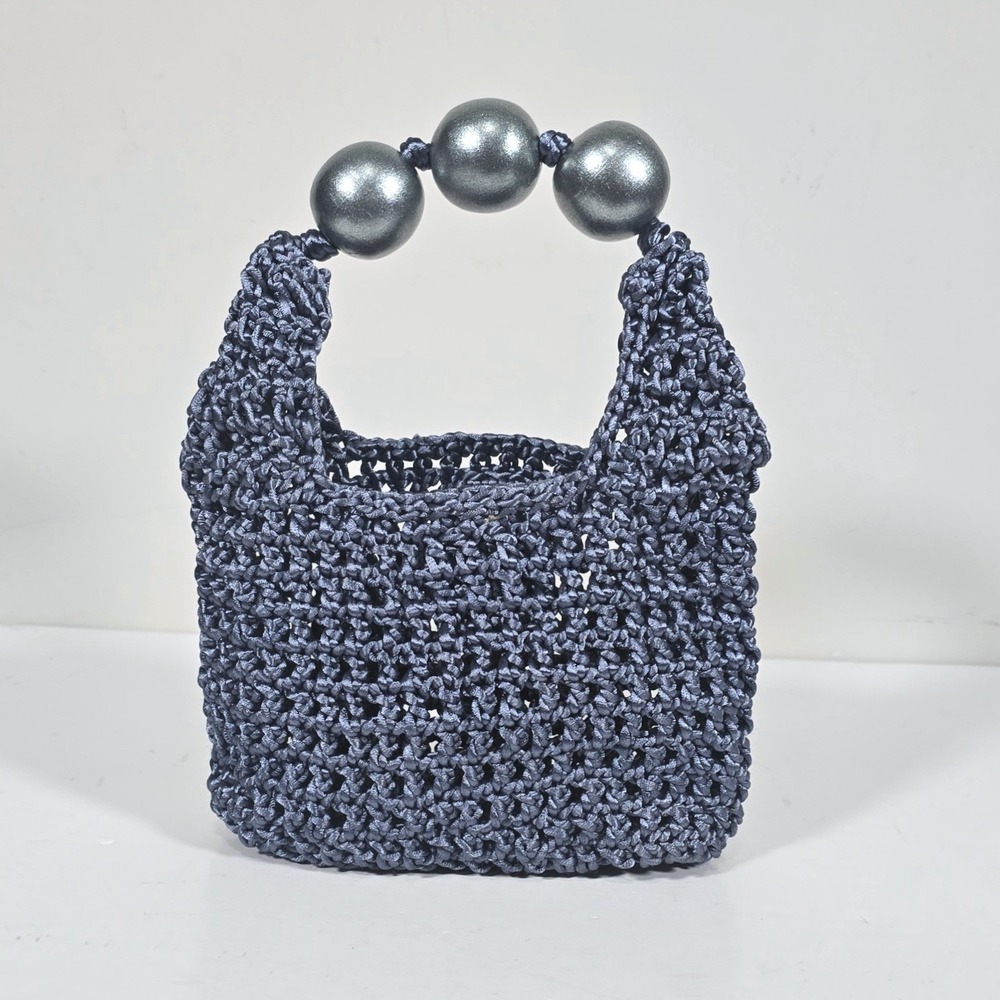 Arte & Tejido Mini Tote Metallic Blue Crochet Bead Handle Handbag Boho Vacation - Picture 3 of 9